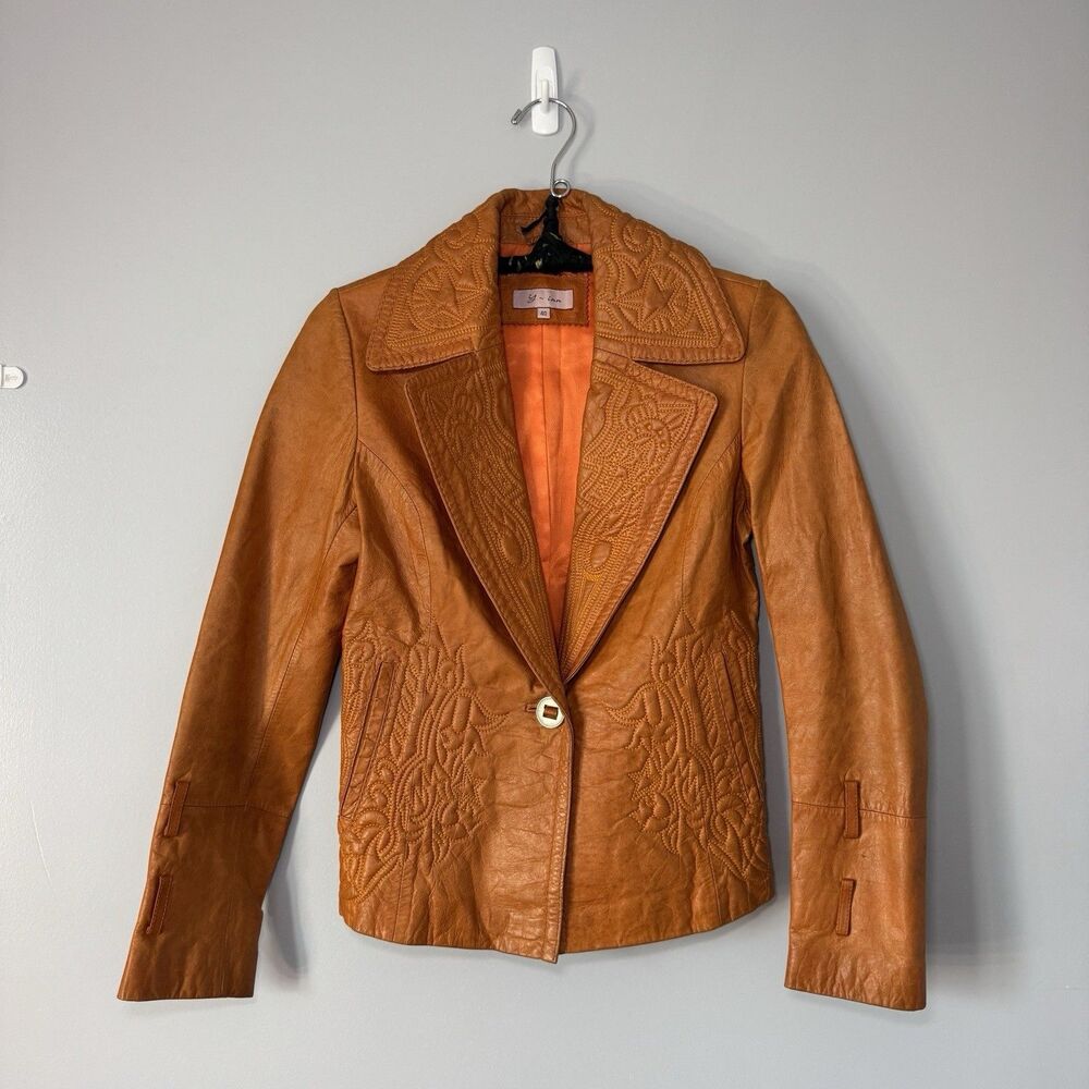 Beautiful Vintage Paisley Embossed Cognac Italian Leather Jacket Sz M Boho Fall